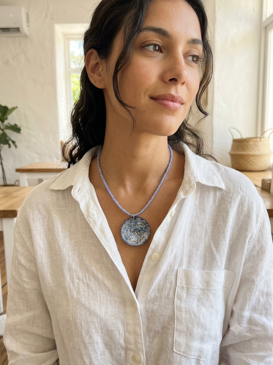 Blue enamel pendant on glass seed bead necklace.