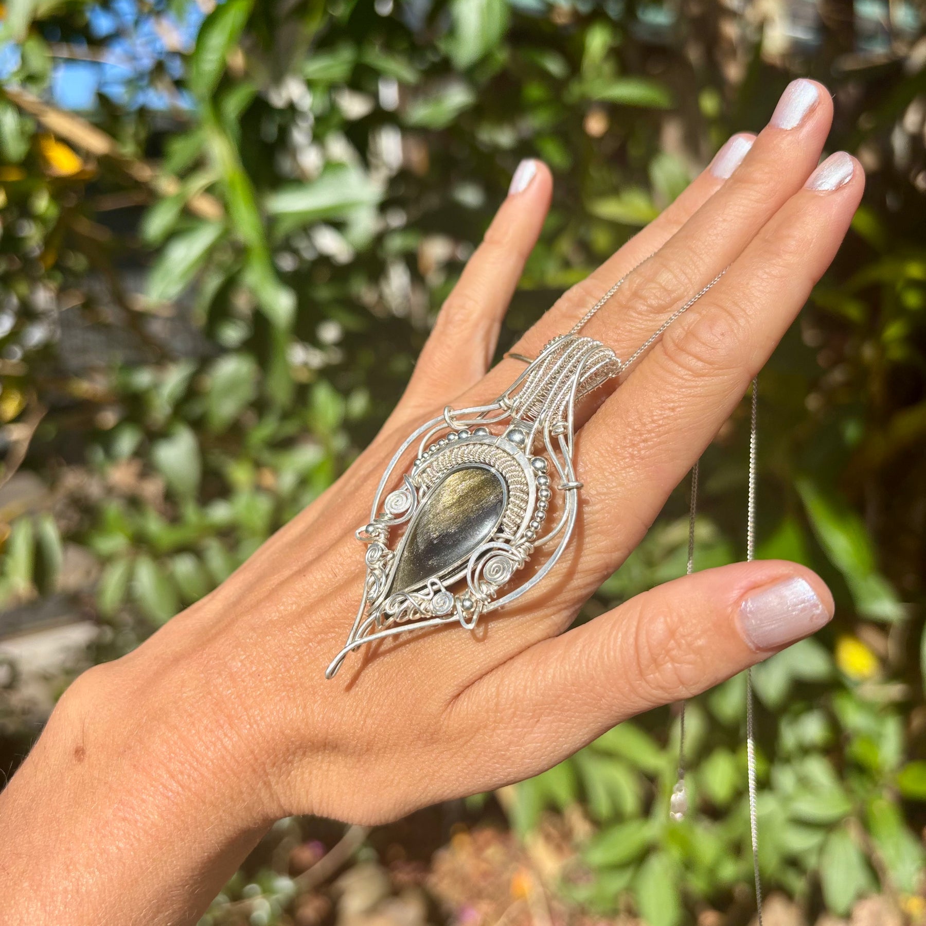 Golden sheen obsidian crystal pendant creation