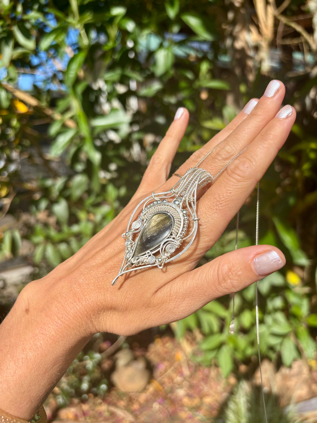 Golden sheen obsidian crystal pendant creation