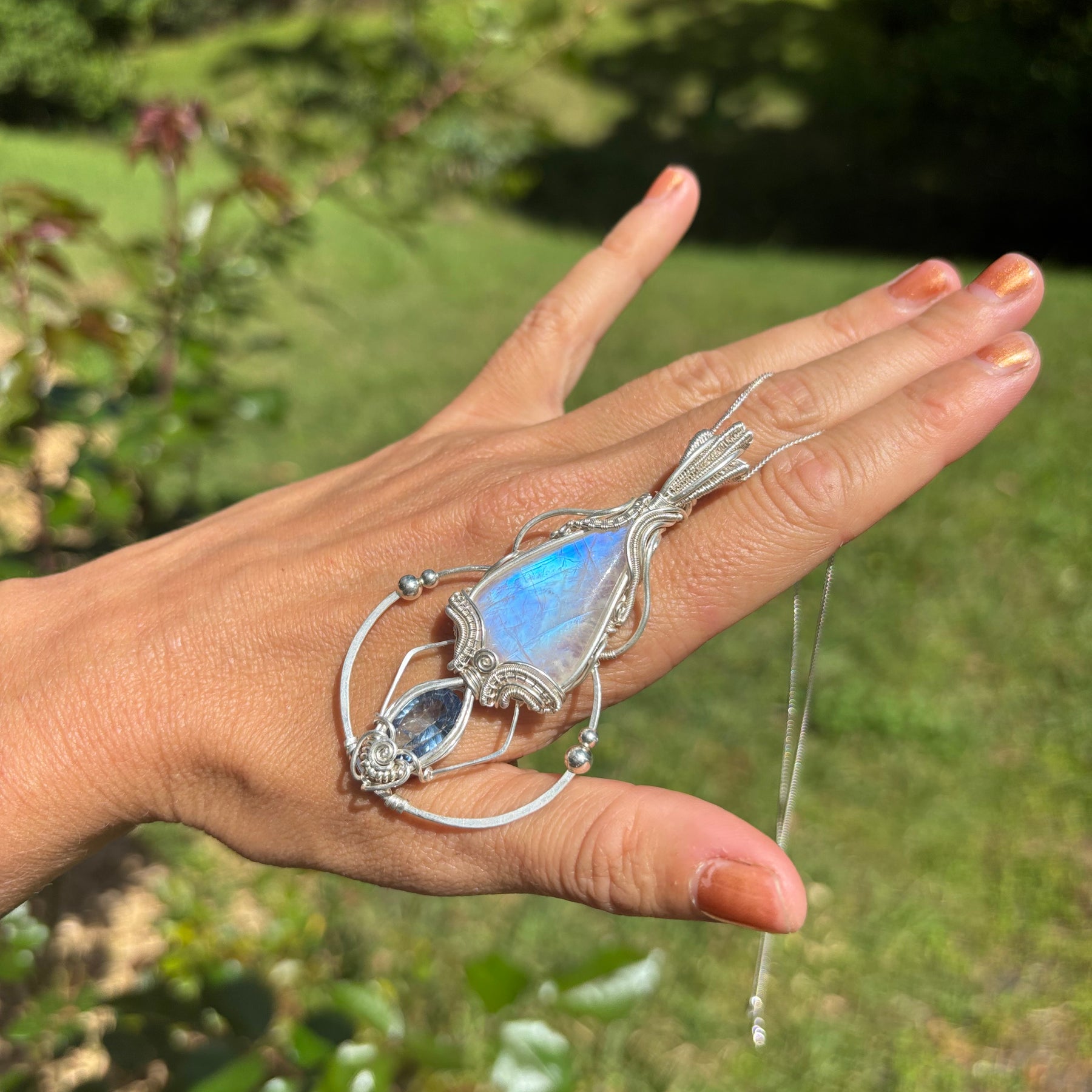 Moonstone, mystic Quartz fantasy geometry pendant