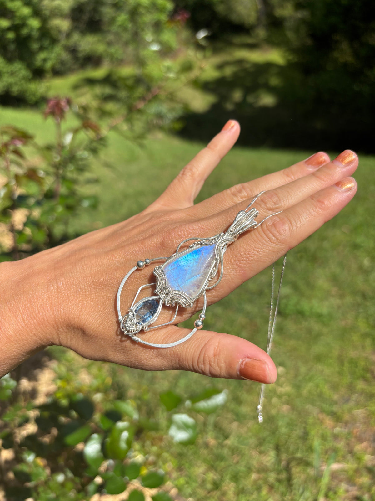 Moonstone, mystic Quartz fantasy geometry pendant