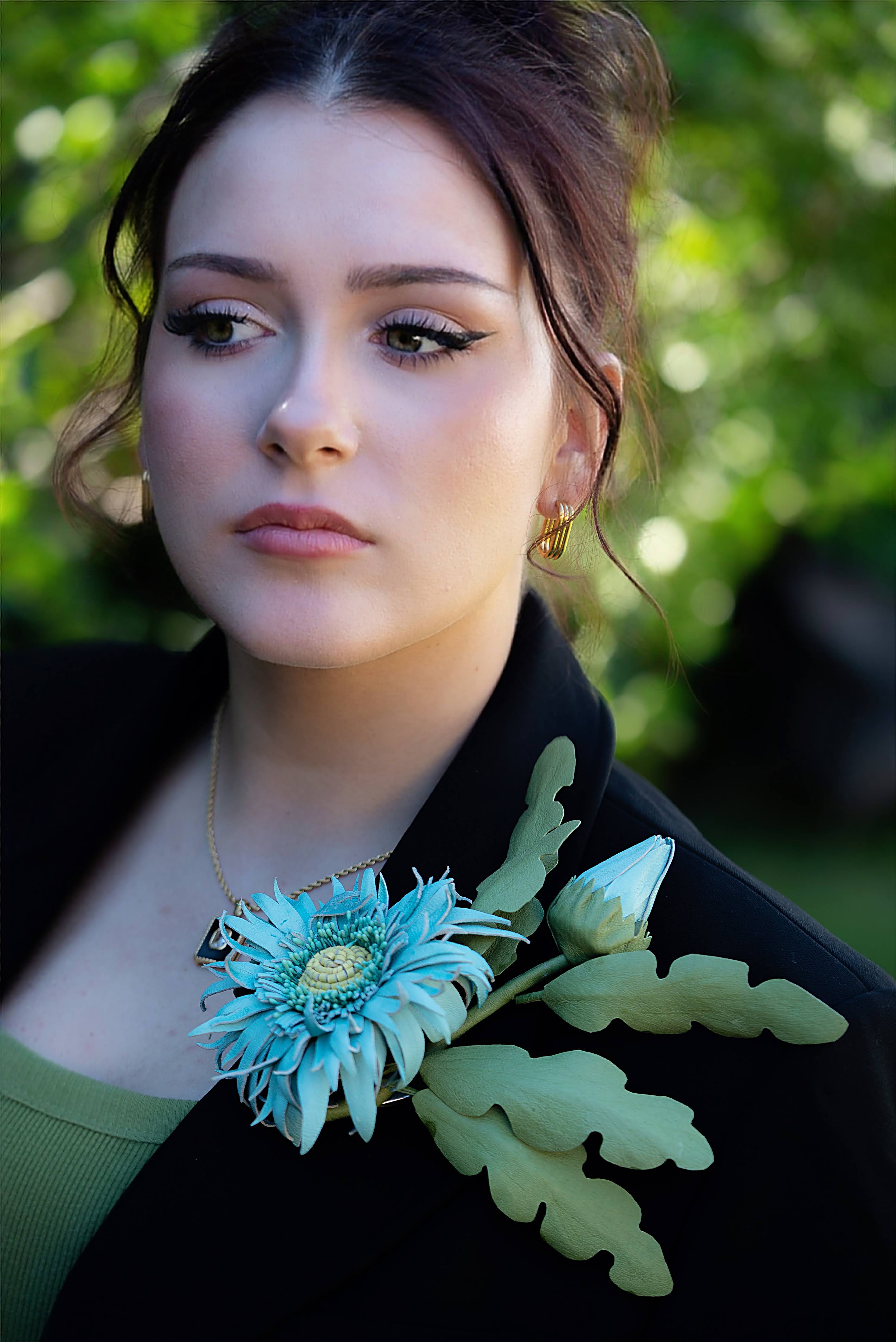 Leather Brooch Gerbera “Forest Light" , Flower Brooch
