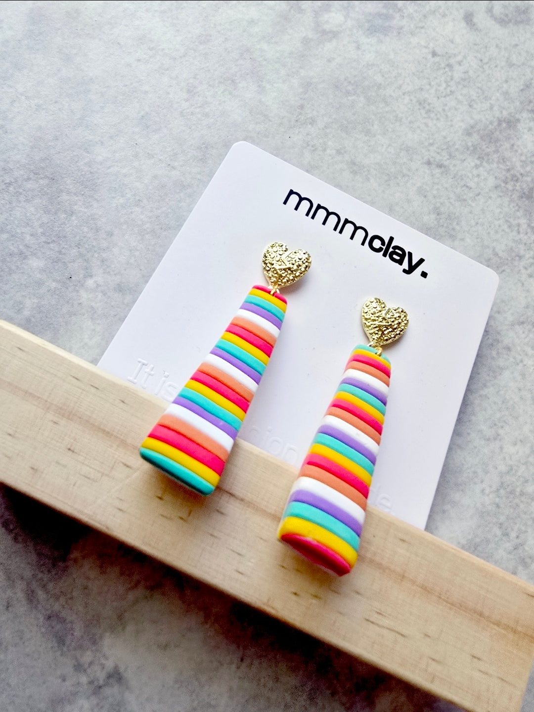 Rainbow Striped Heart Drop Earrings | Handmade Polymer Clay