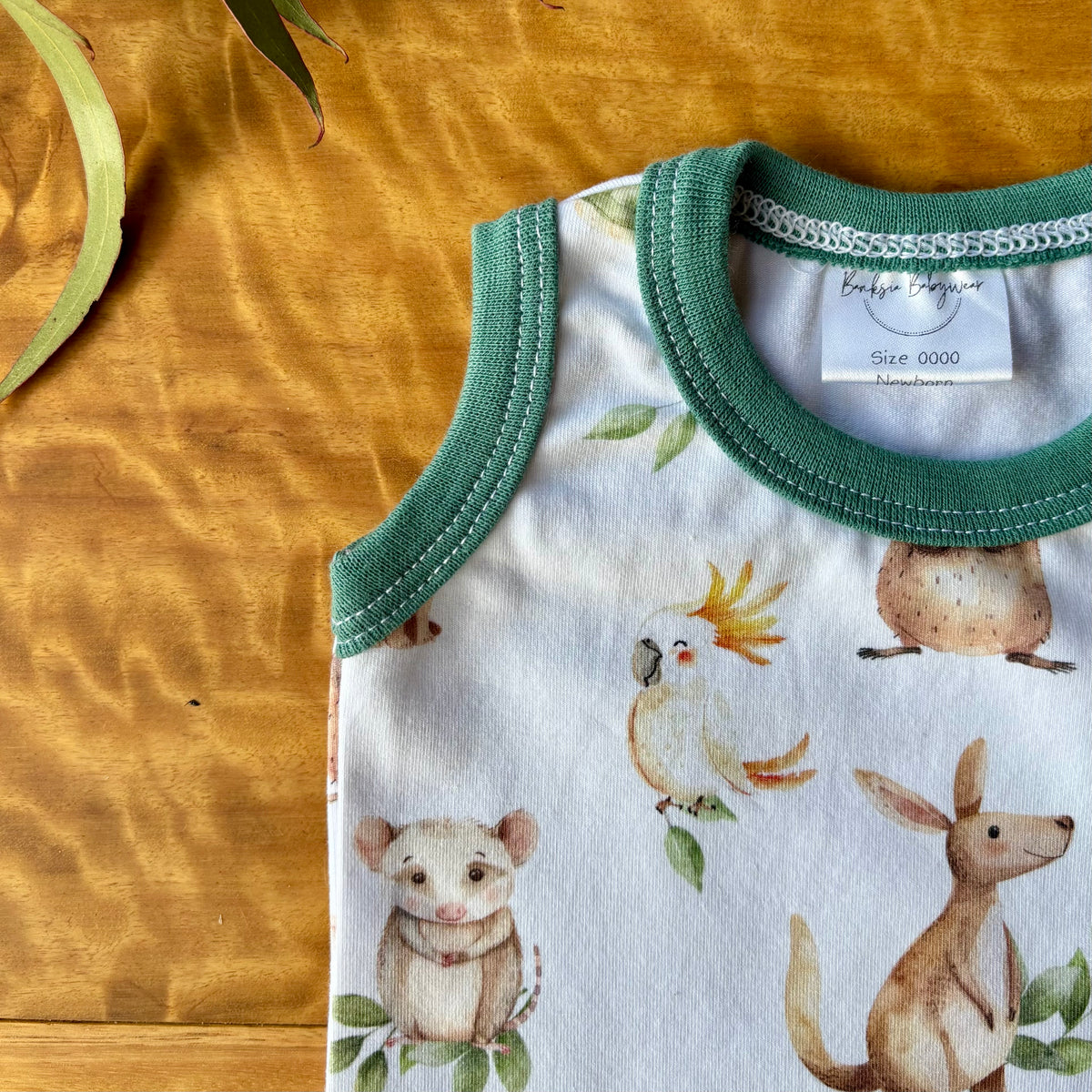 Baby Tank Bodysuit | Green Aussie Animals | Size premmie to 2 | Made to order