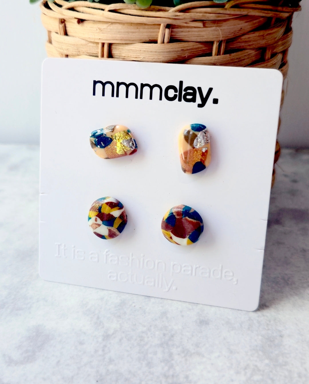 Navy Multicolour Polymer Clay Stud Set | 4 Handmade Earrings