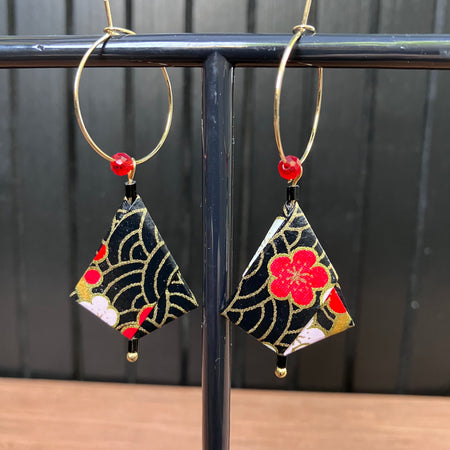 Origami Earrings – Black Waves with Red and Pink Florals