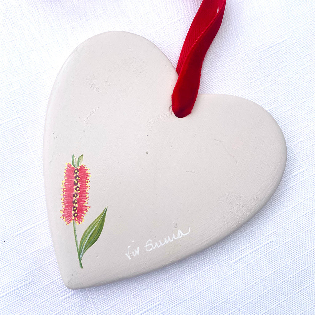 Hand-Painted Ceramic Heart Decoration - Bottlebrush Flower