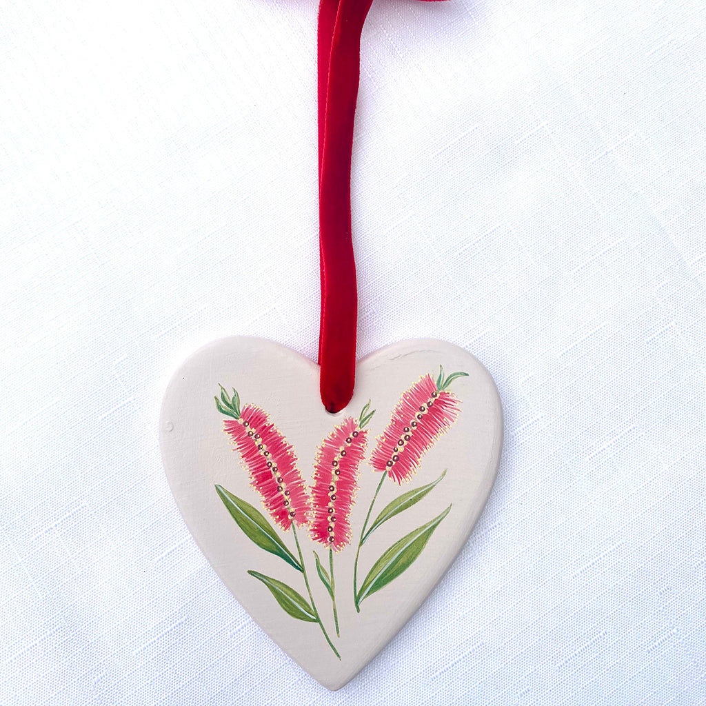 Hand-Painted Ceramic Heart Decoration - Bottlebrush Flower