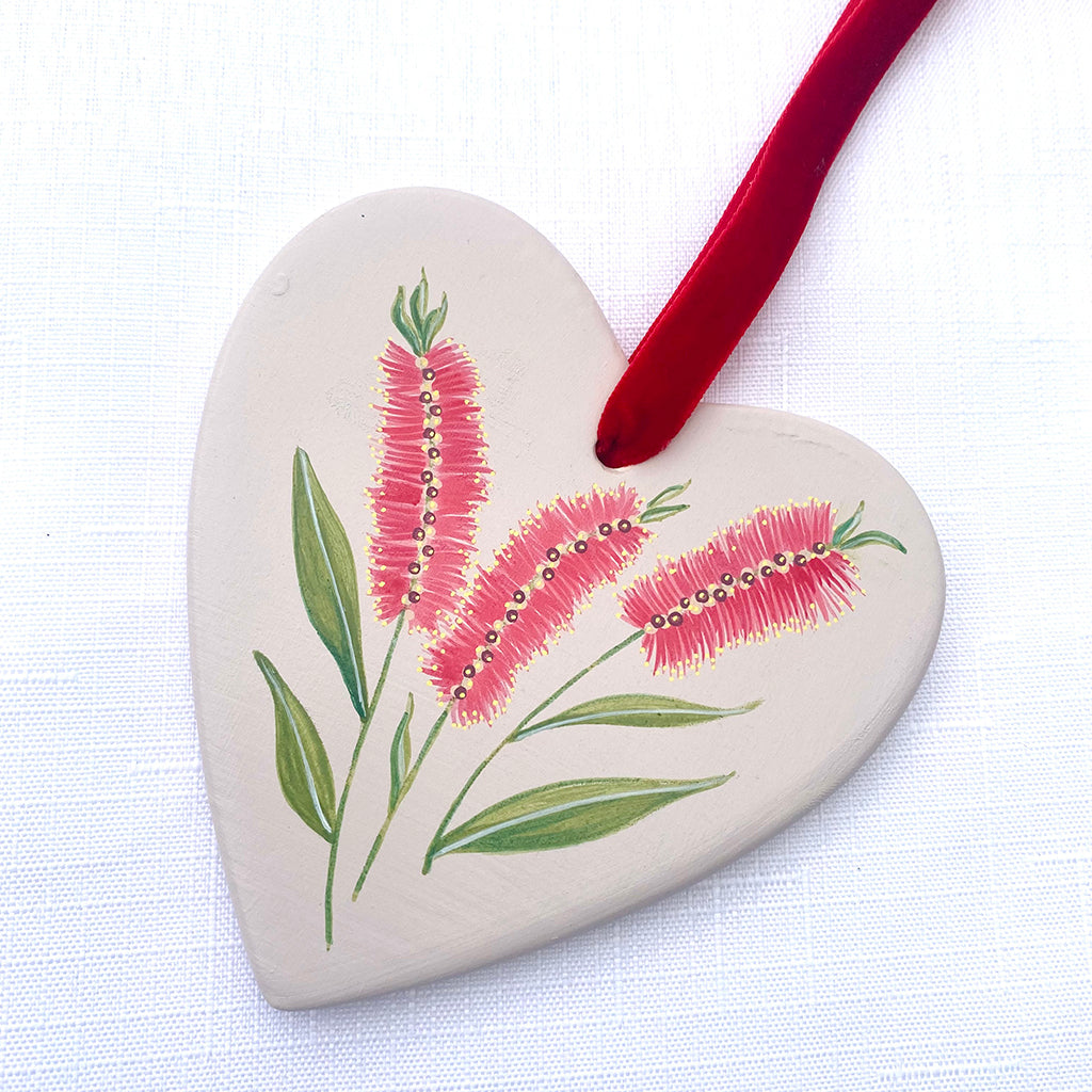 Hand-Painted Ceramic Heart Decoration - Bottlebrush Flower