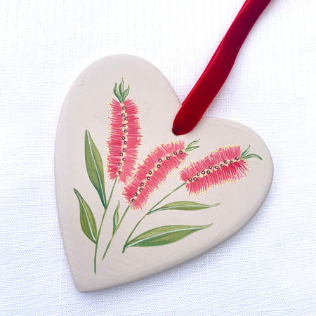 Hand-Painted Ceramic Heart Decoration - Bottlebrush Flower