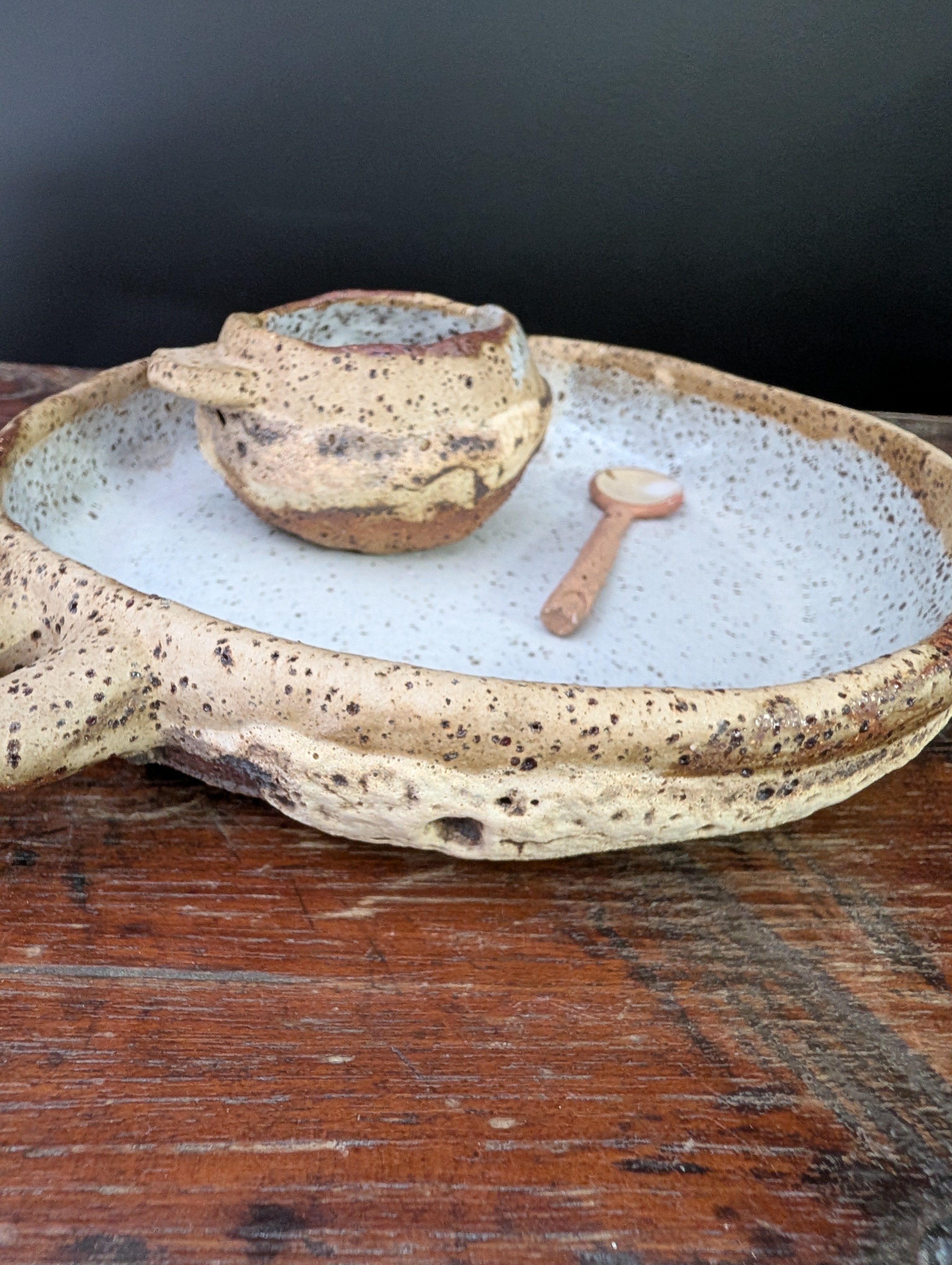 Handbuilt Ceramic Serving Platter with Matching Bowl and Spoon - Earthy, Rustic Stoneware