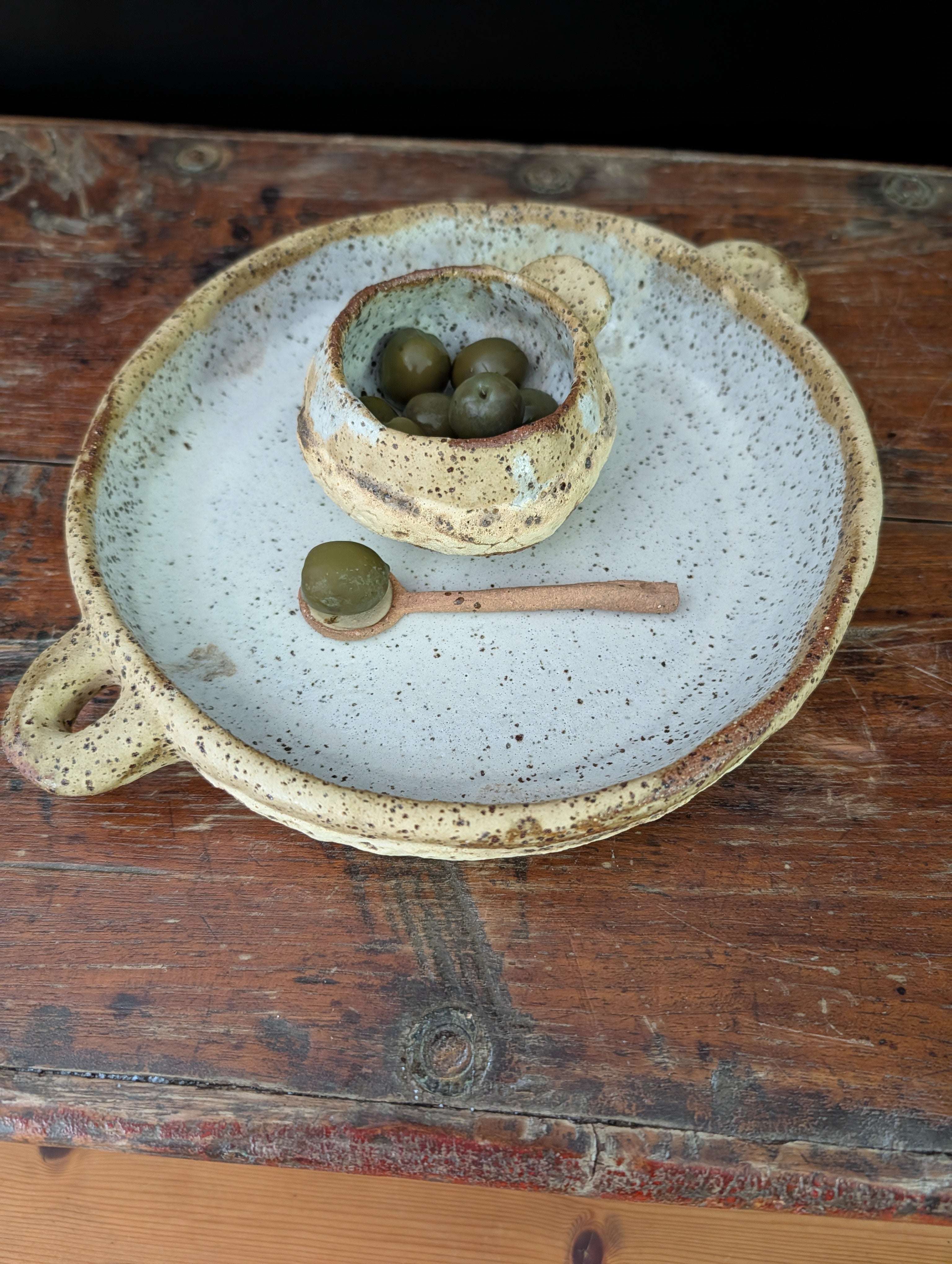 Handbuilt Ceramic Serving Platter with Matching Bowl and Spoon - Earthy, Rustic Stoneware