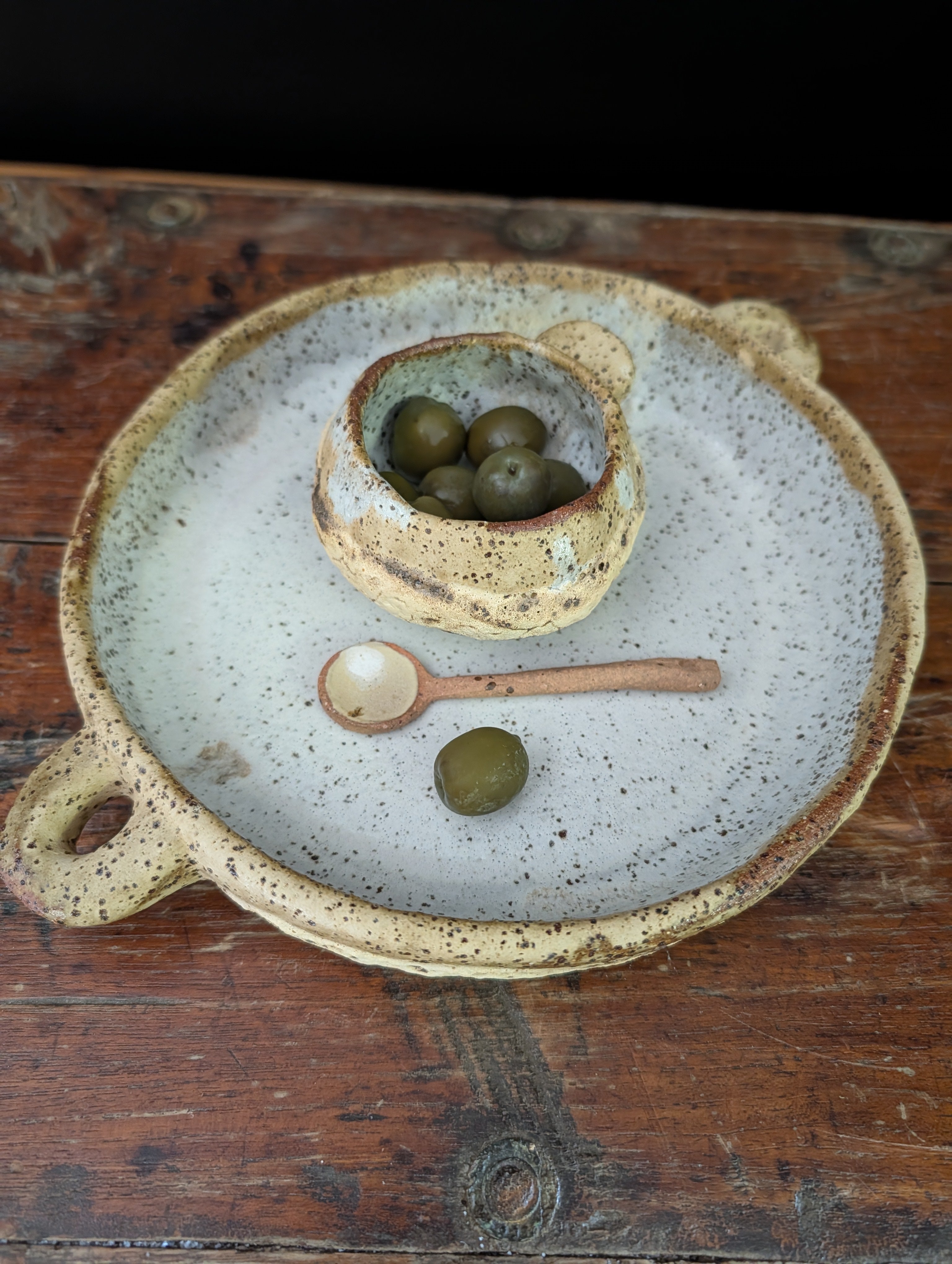Handbuilt Ceramic Serving Platter with Matching Bowl and Spoon - Earthy, Rustic Stoneware
