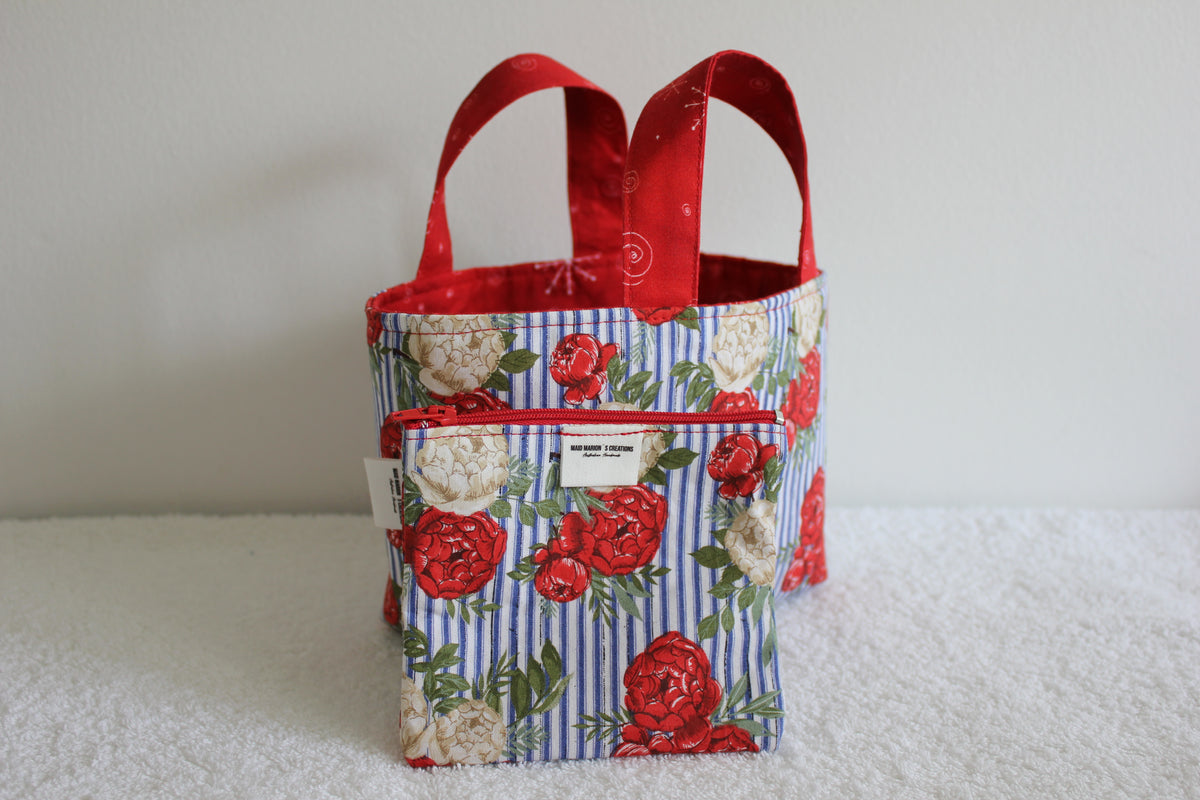 BLUE STRIPE, RED FLOWERS - TINY TOTS TOTE BAG RANGE