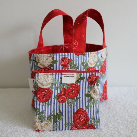 BLUE STRIPE, RED FLOWERS - TINY TOTS TOTE BAG RANGE