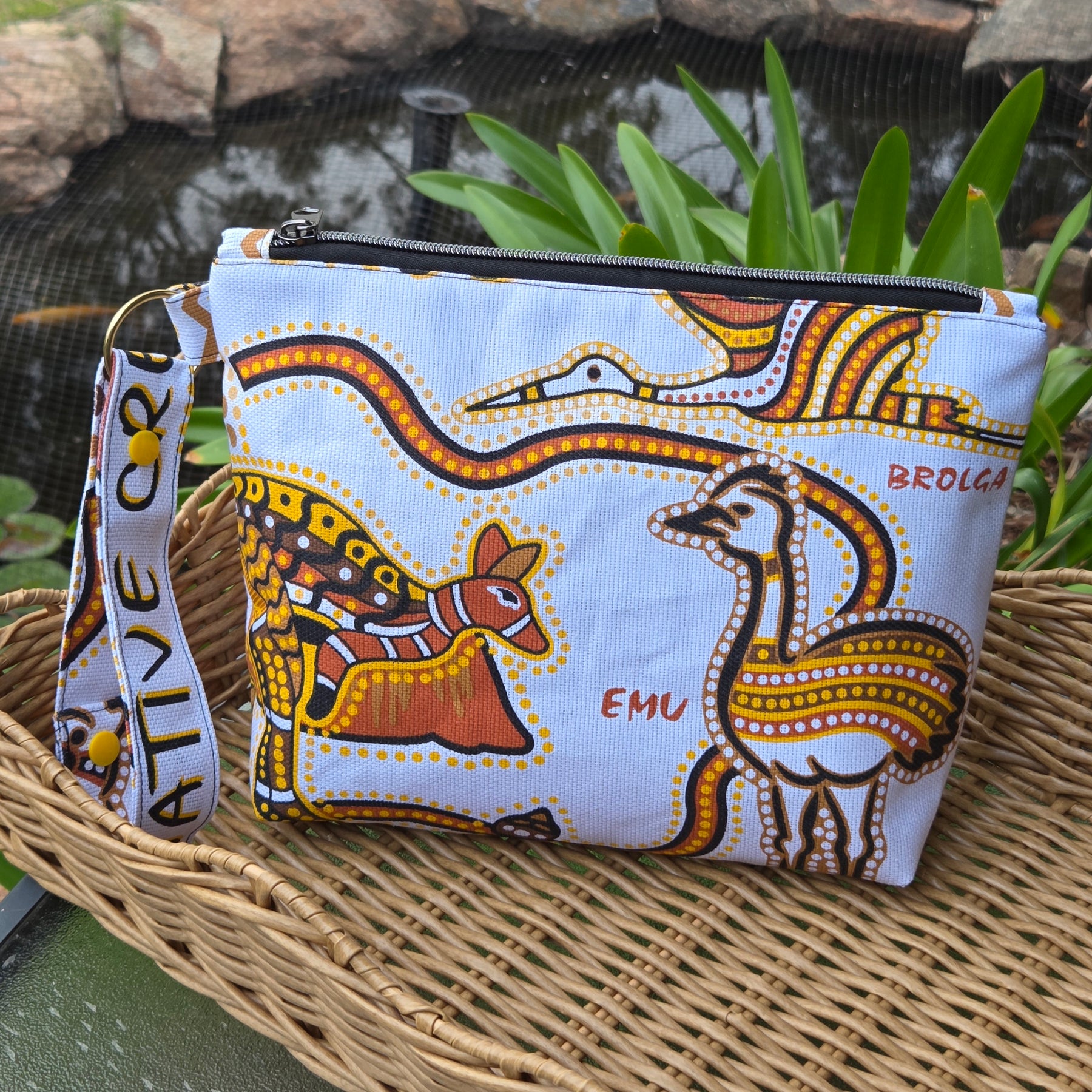 Jumbo pouch made from upcycled Australiana tea towels