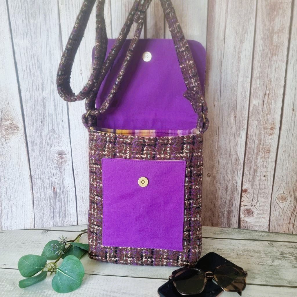 Upcycled crossbody messenger bag - brown & purple