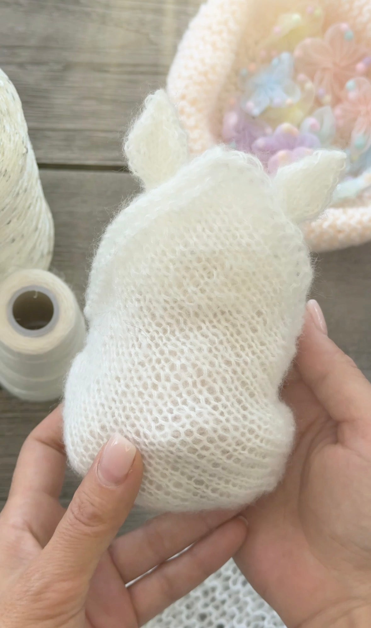 Handmade Sleeping Kitten in a Bunny Bonnet & Cozy Blanket with Butterfly Button