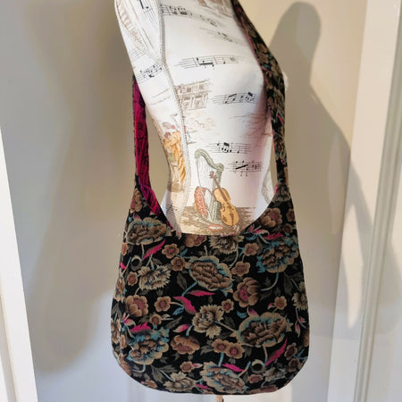 Upcycled black & floral corduroy slouchy hobo bag.