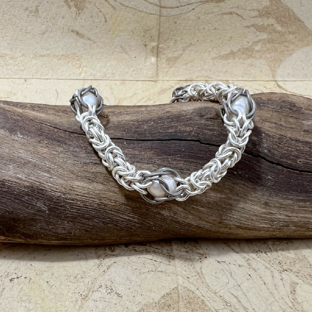 Silver filled byzantine captured pearls bracelet detail