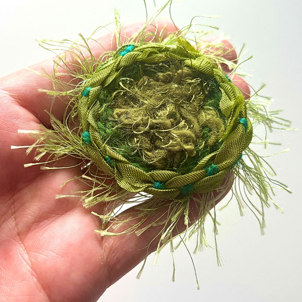 Handwoven Green Brooch With Wool Felt Backing