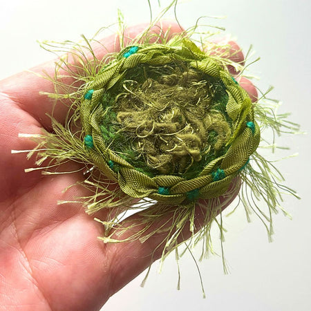 Handwoven Green Brooch With Wool Felt Backing