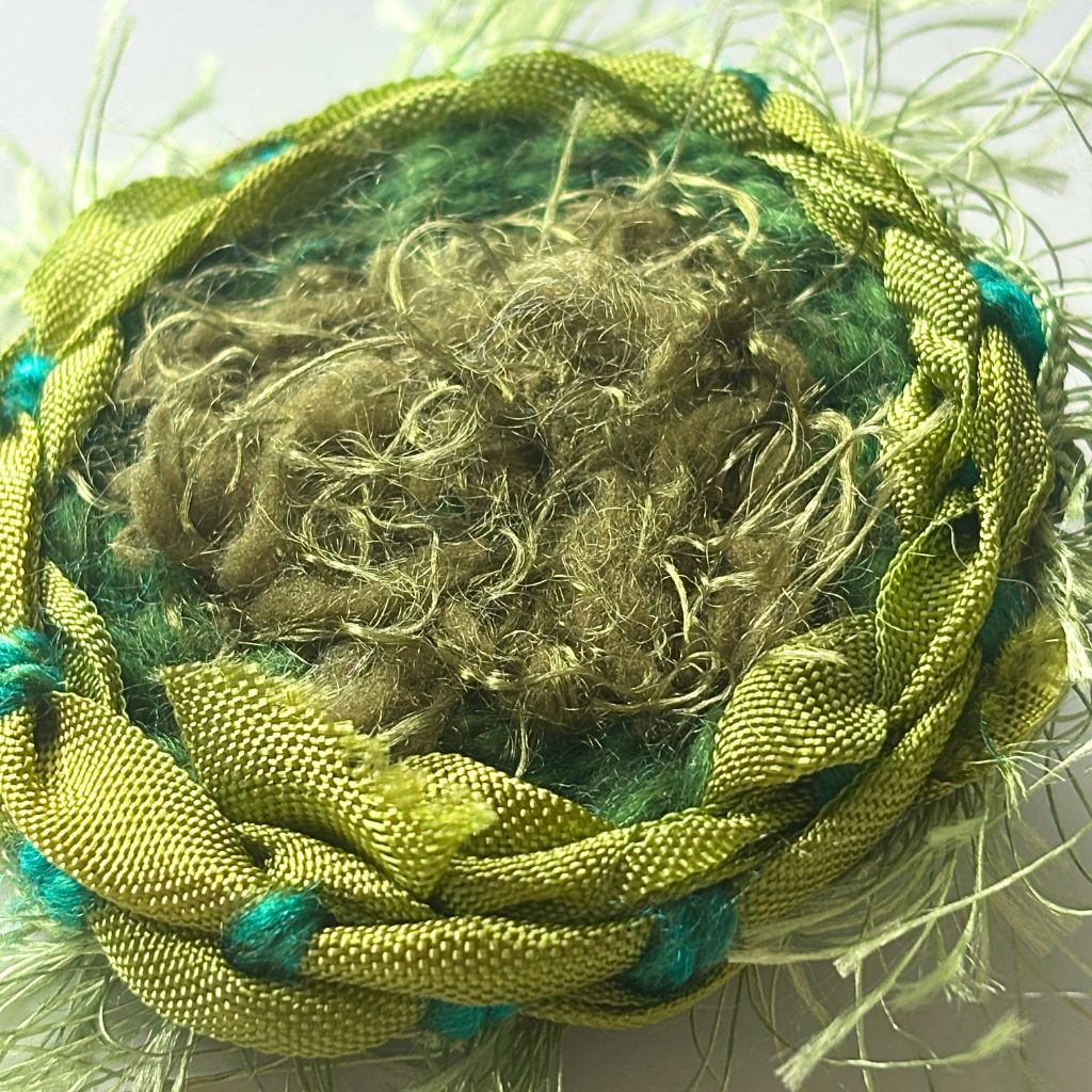 Handwoven Green Brooch With Wool Felt Backing