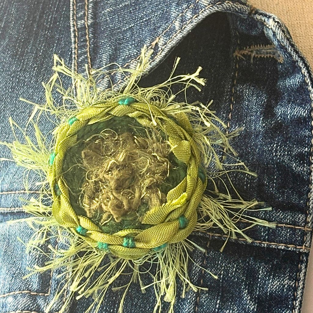 Handwoven Green Brooch With Wool Felt Backing