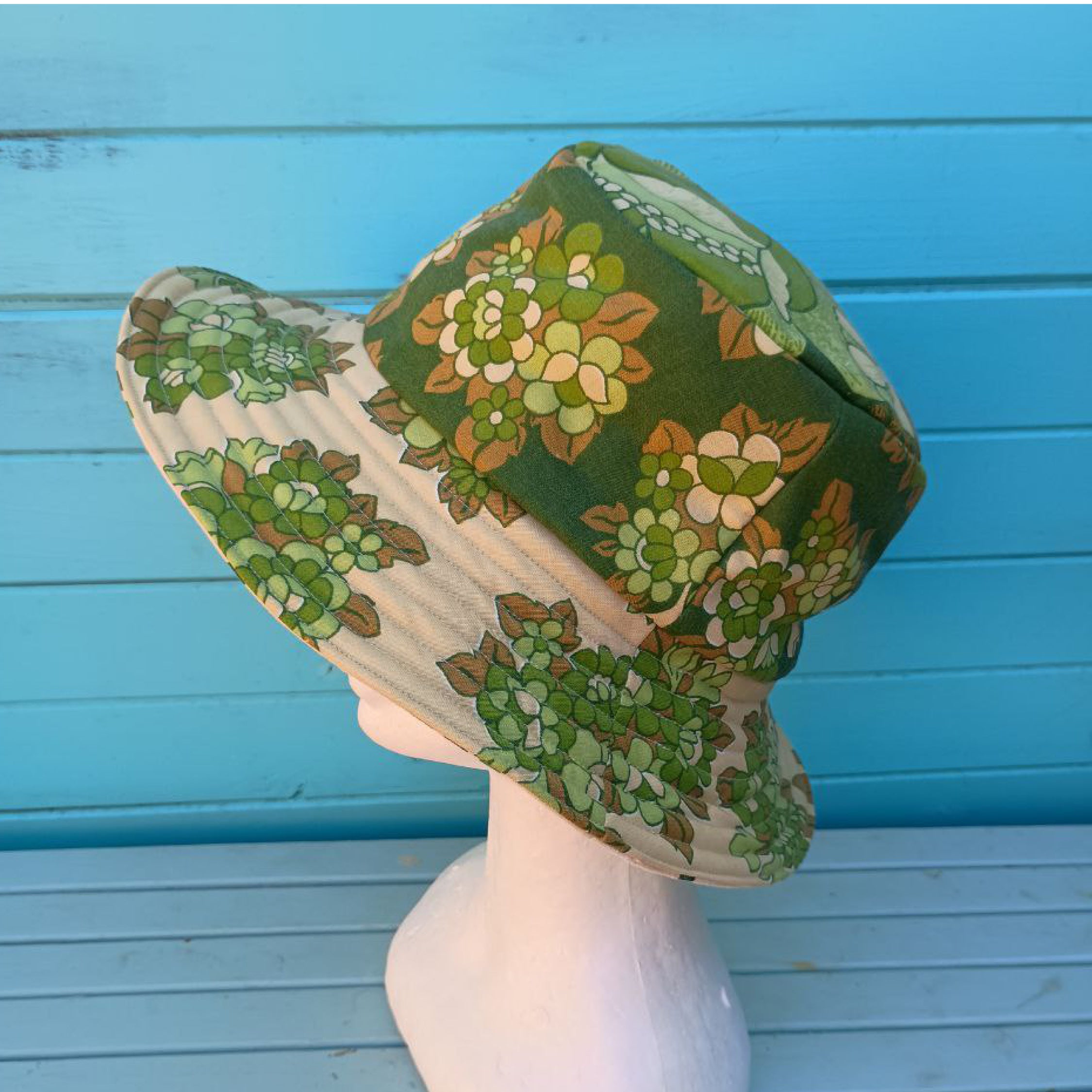 Green Tea Reversible Bucket Hat Women Upcycled Vintage Fabrics