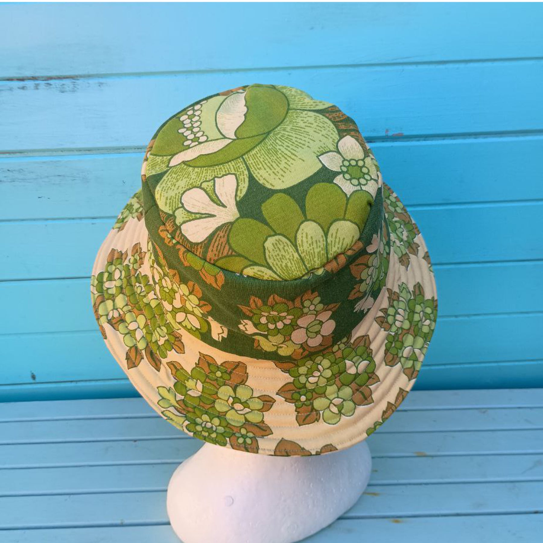 Green Tea Reversible Bucket Hat Women Upcycled Vintage Fabrics