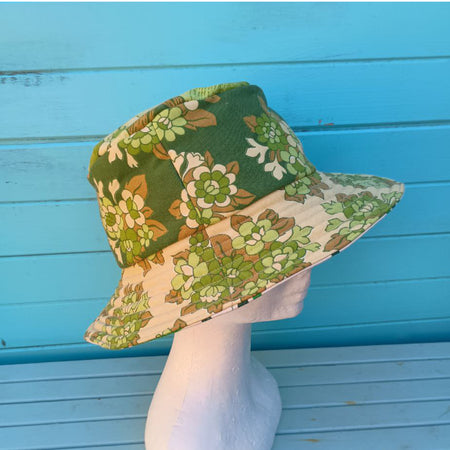 Green Tea Reversible Bucket Hat Women Upcycled Vintage Fabrics