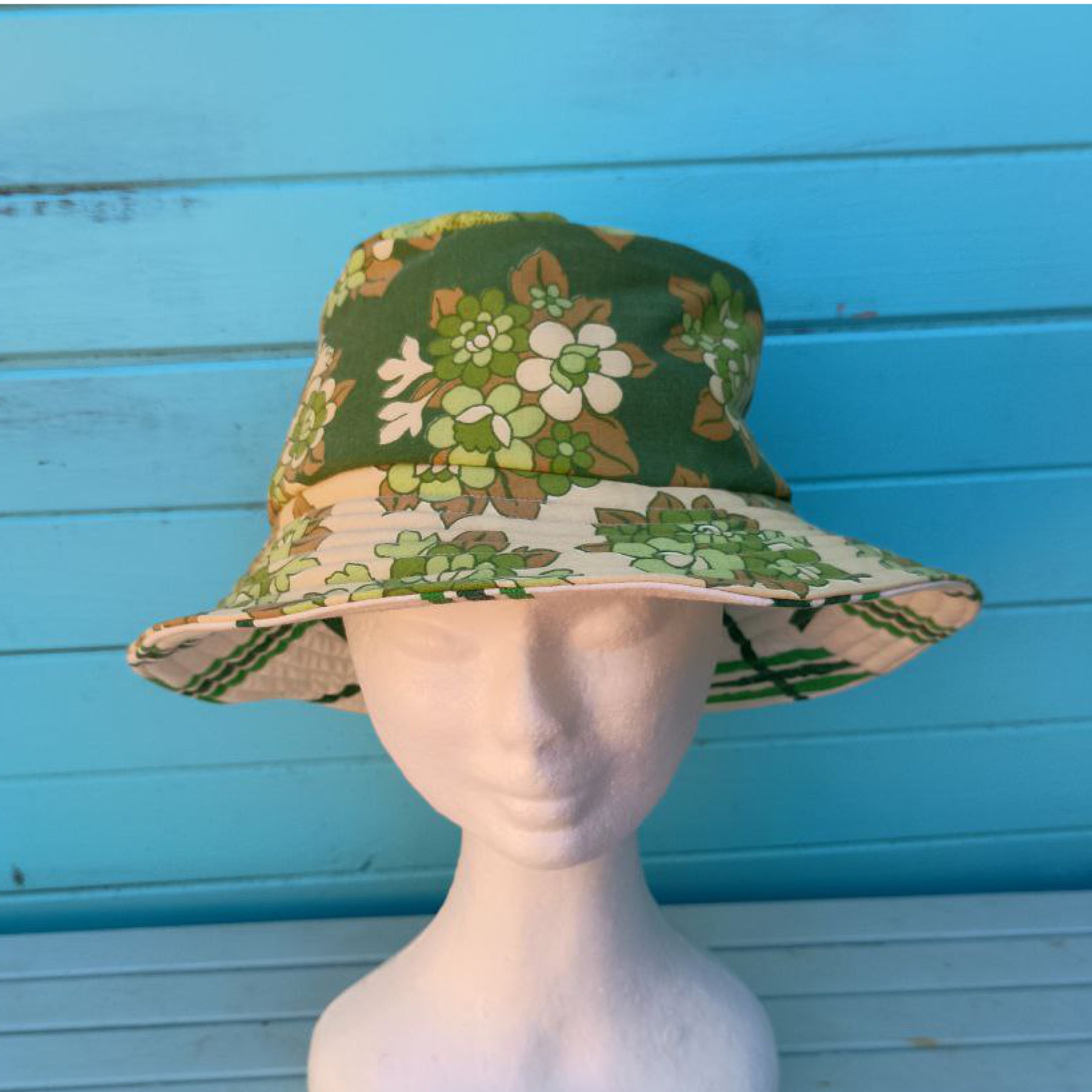 Green Tea Reversible Bucket Hat Women Upcycled Vintage Fabrics