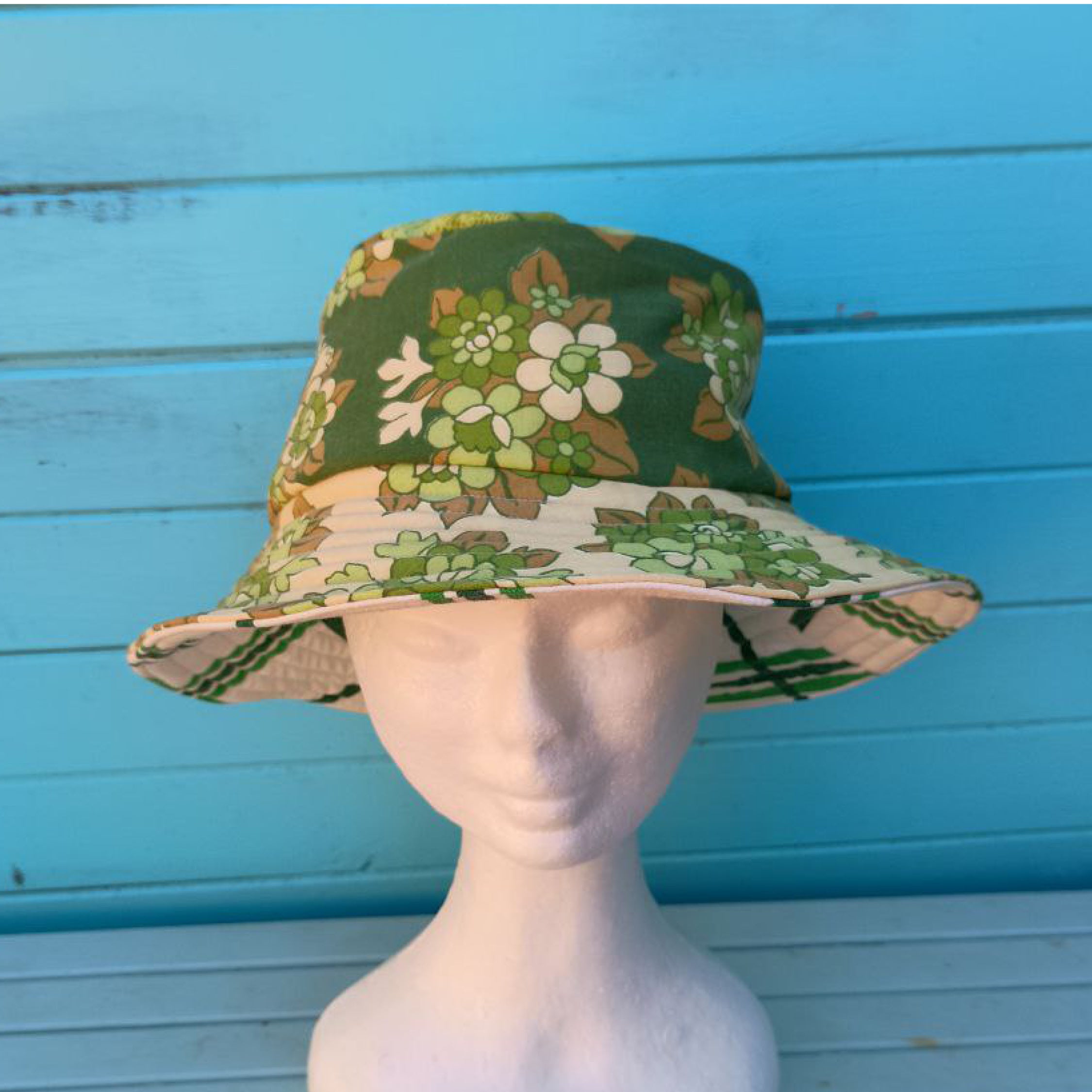 Green Tea Reversible Bucket Hat Women Upcycled Vintage Fabrics