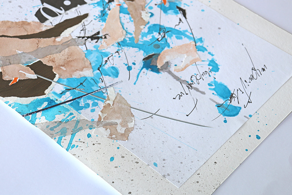 Blue, tan and orange abstract collage
