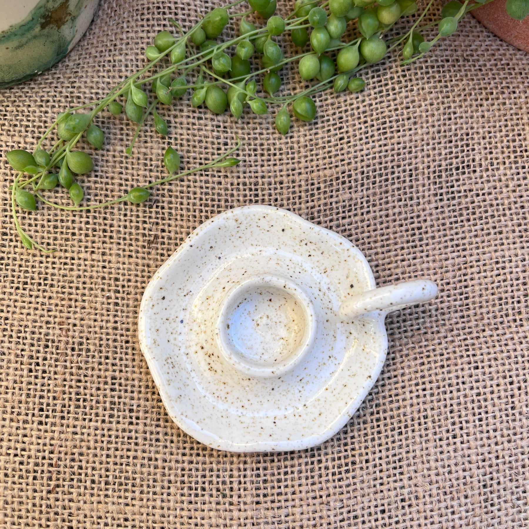 Petite Ceramic candlestick holder with Beeswax candle.