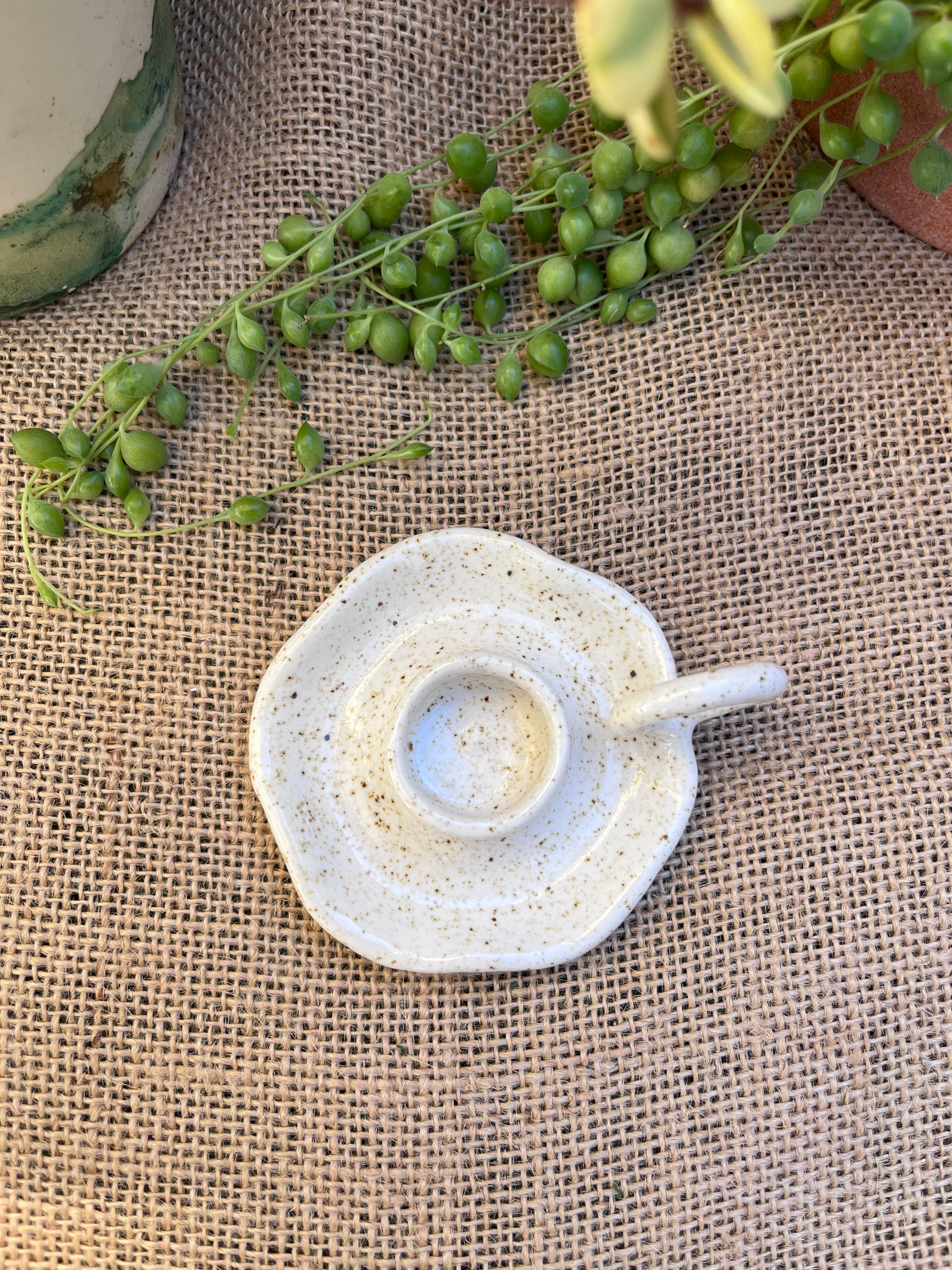 Petite Ceramic candlestick holder with Beeswax candle.
