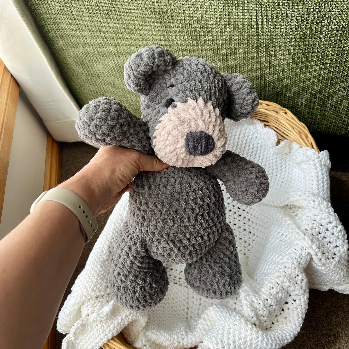 Handmade modern crochet large toy teddy plushie.