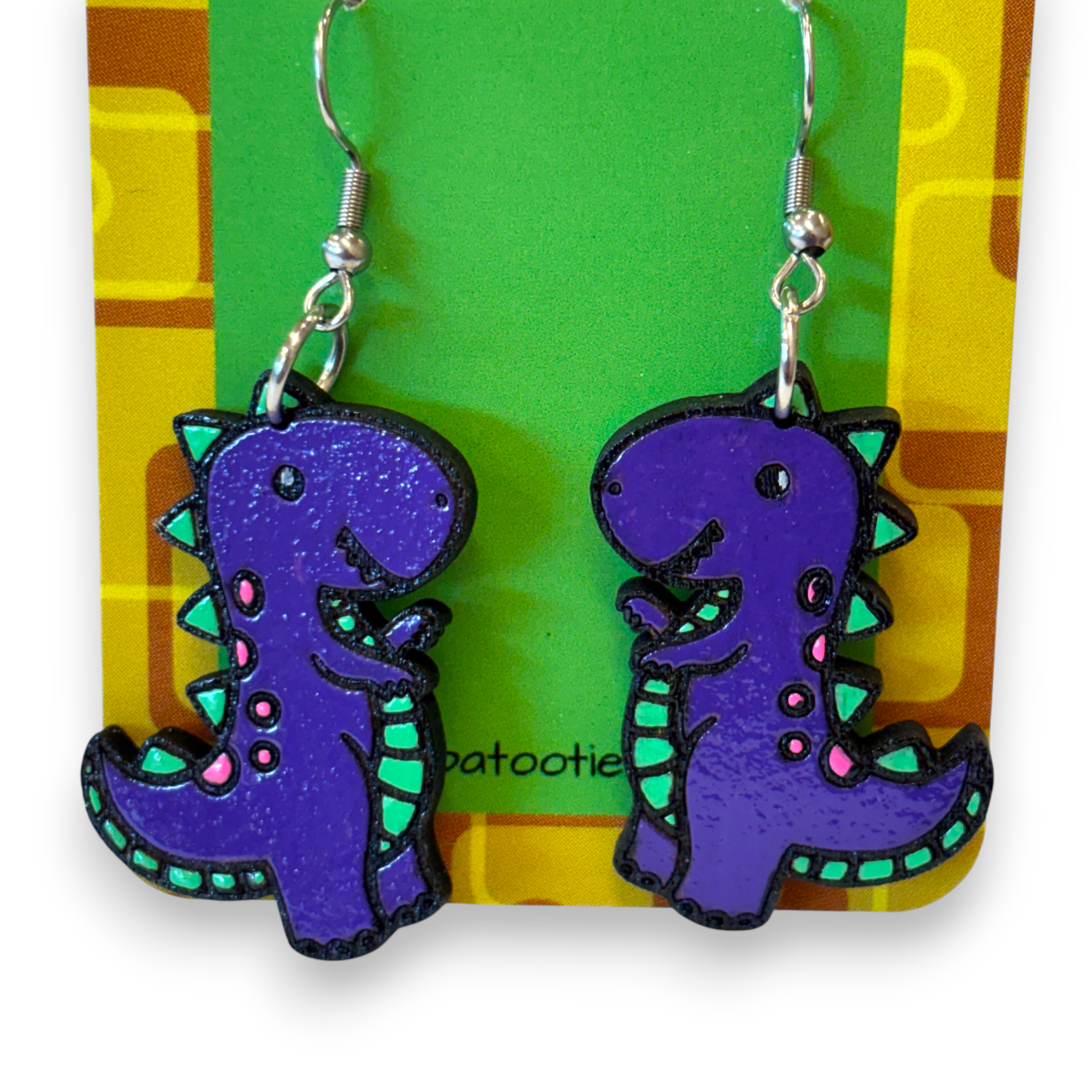 Wooden dinosaur earrings - hand painted - purple