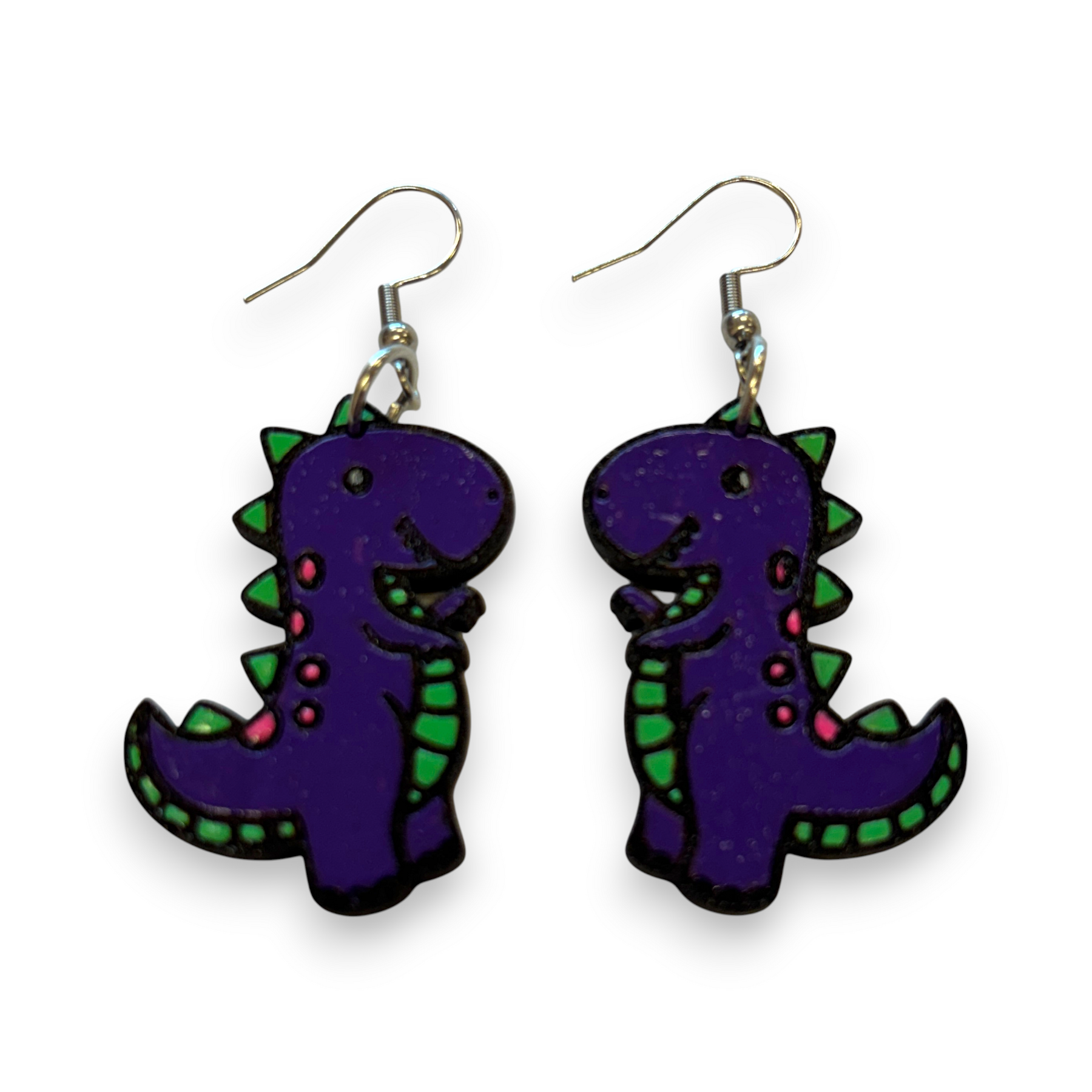 Wooden dinosaur earrings - hand painted - purple