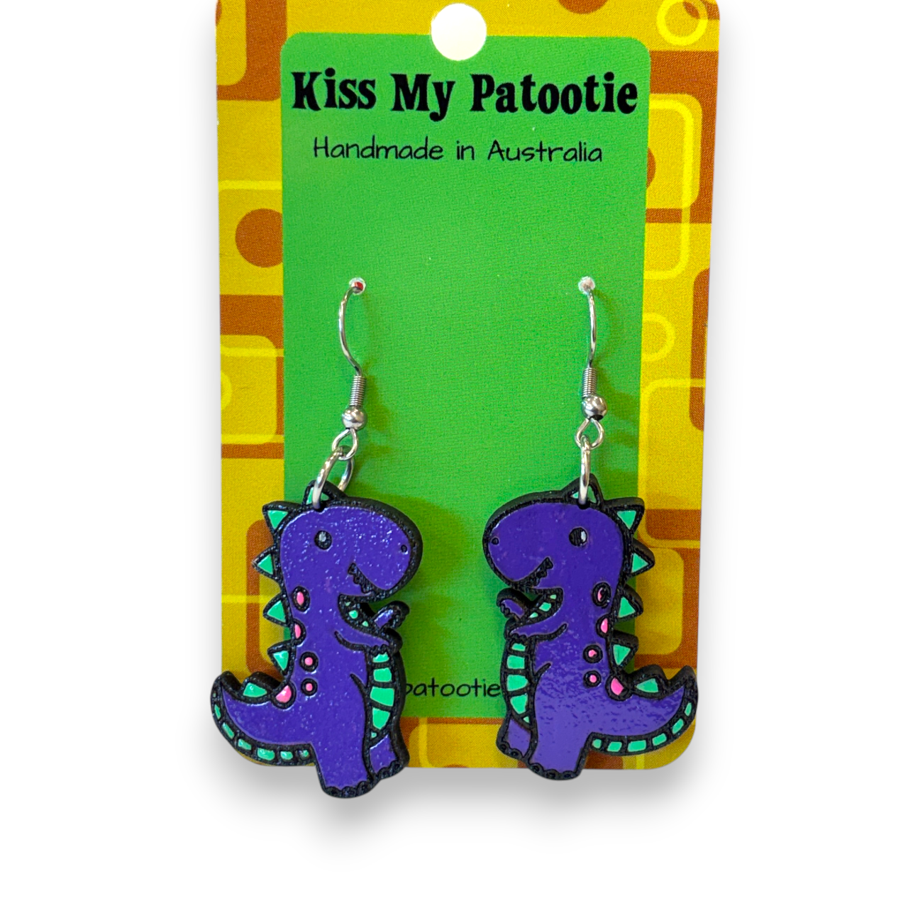 Wooden dinosaur earrings - hand painted - purple