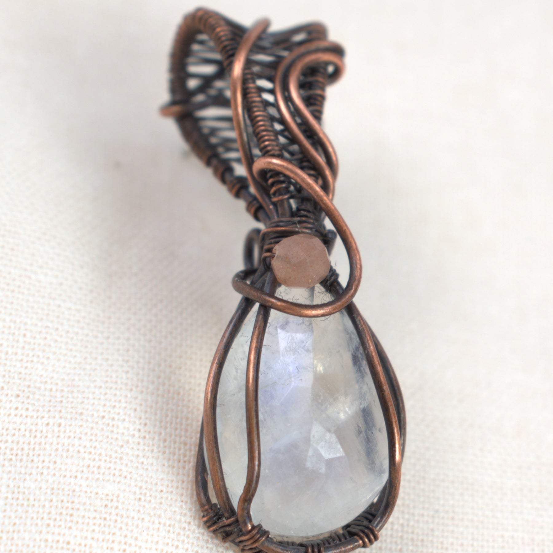Velvet Moon – Rainbow & Peach Moonstone Copper Pendant