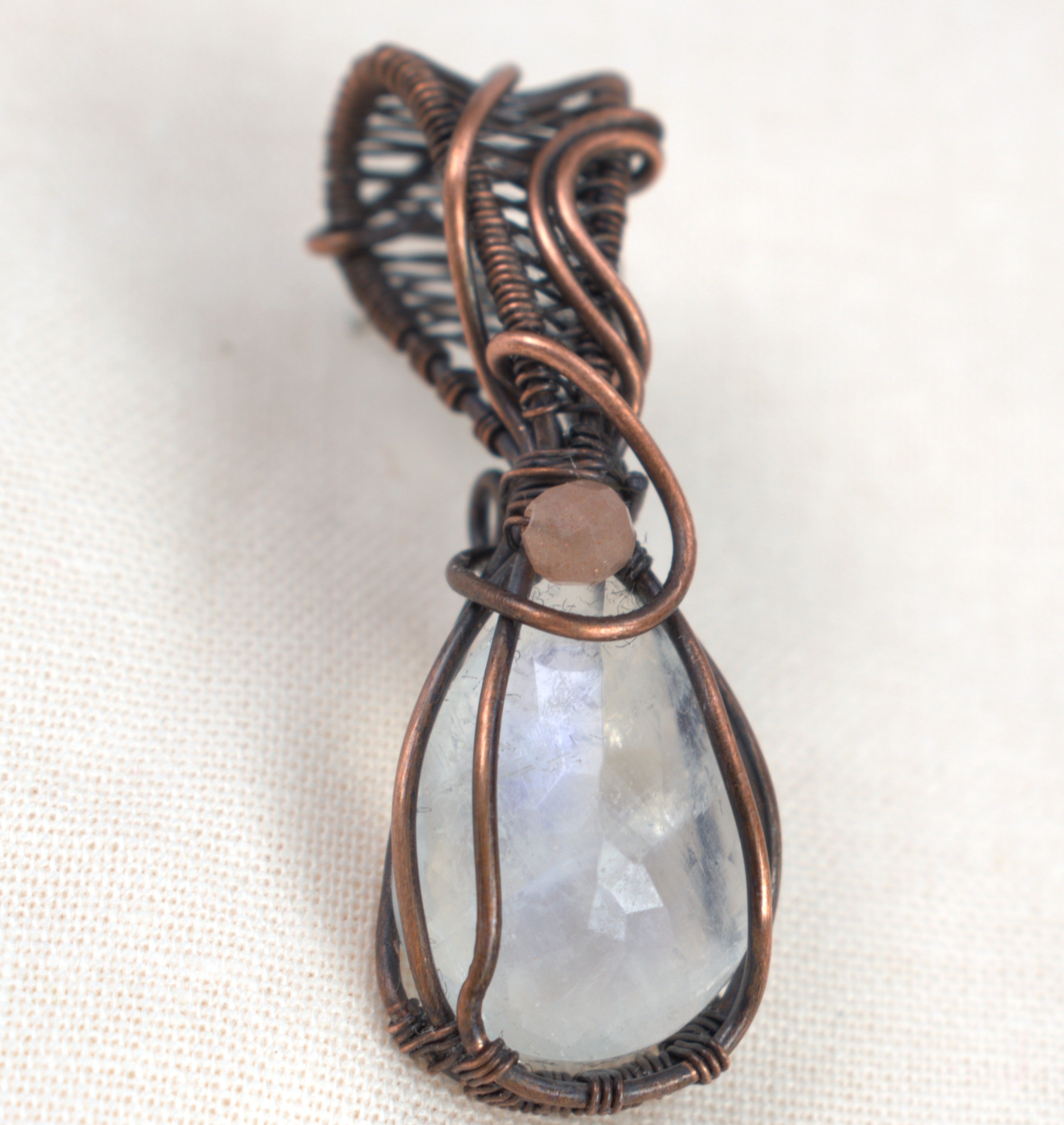 Velvet Moon – Rainbow & Peach Moonstone Copper Pendant