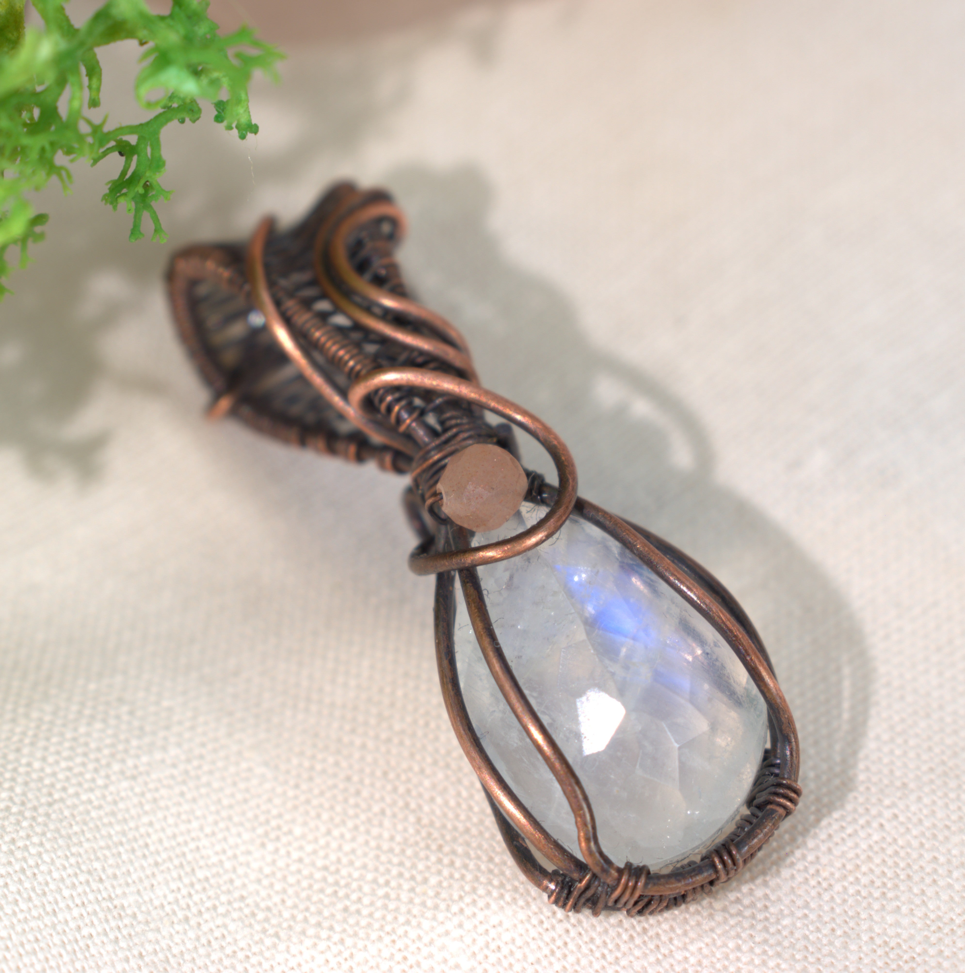 Velvet Moon – Rainbow & Peach Moonstone Copper Pendant