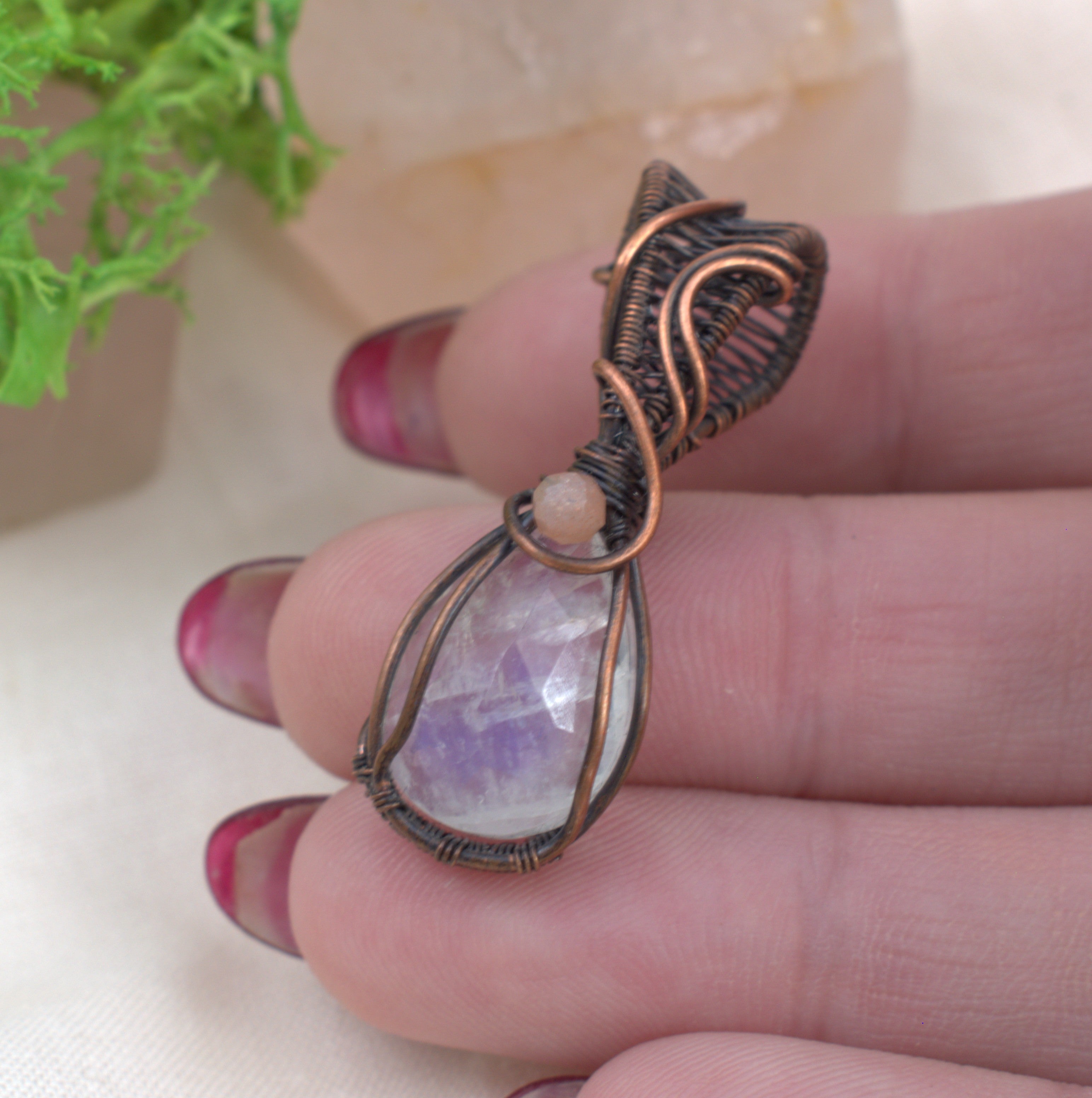 Velvet Moon – Rainbow & Peach Moonstone Copper Pendant