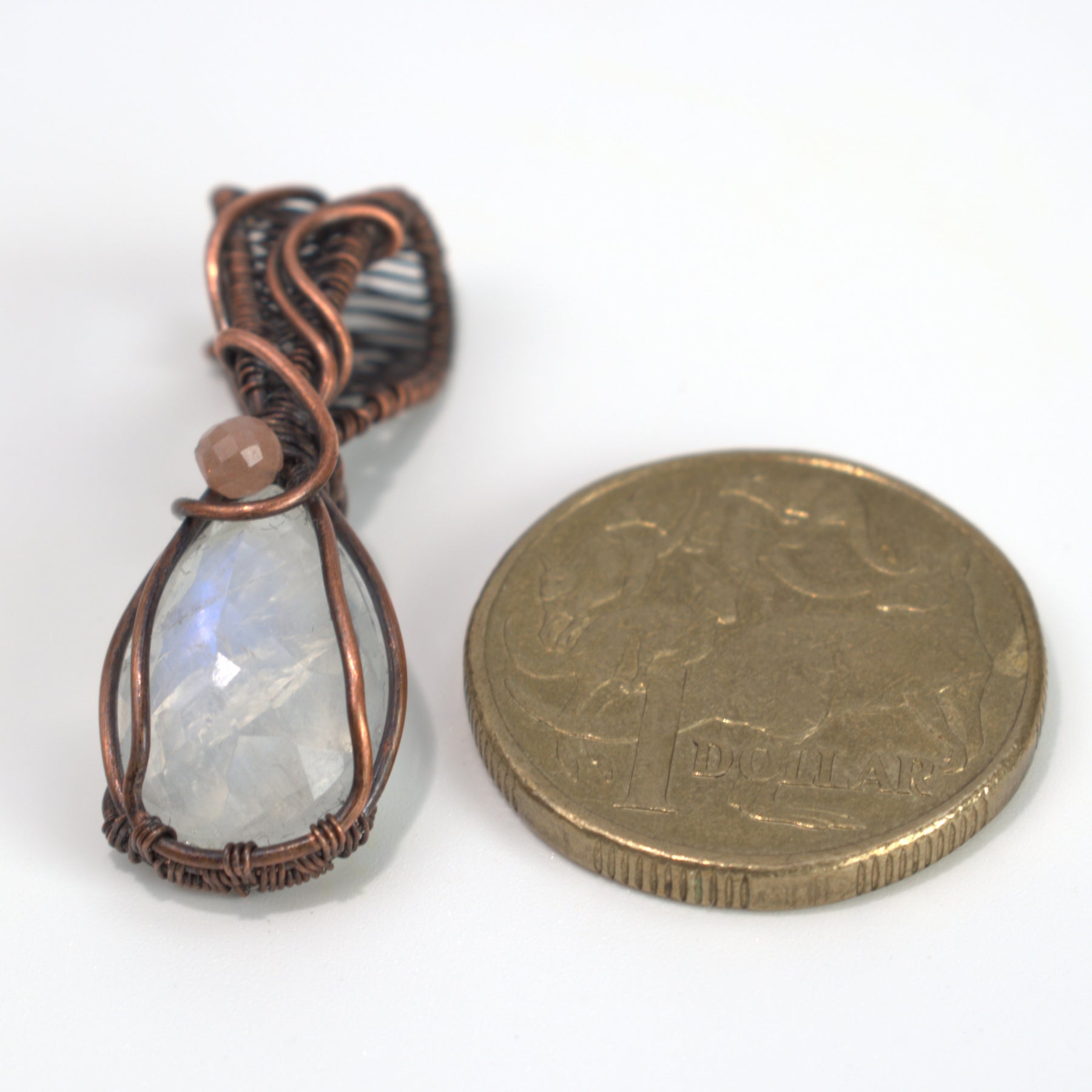 Velvet Moon – Rainbow & Peach Moonstone Copper Pendant