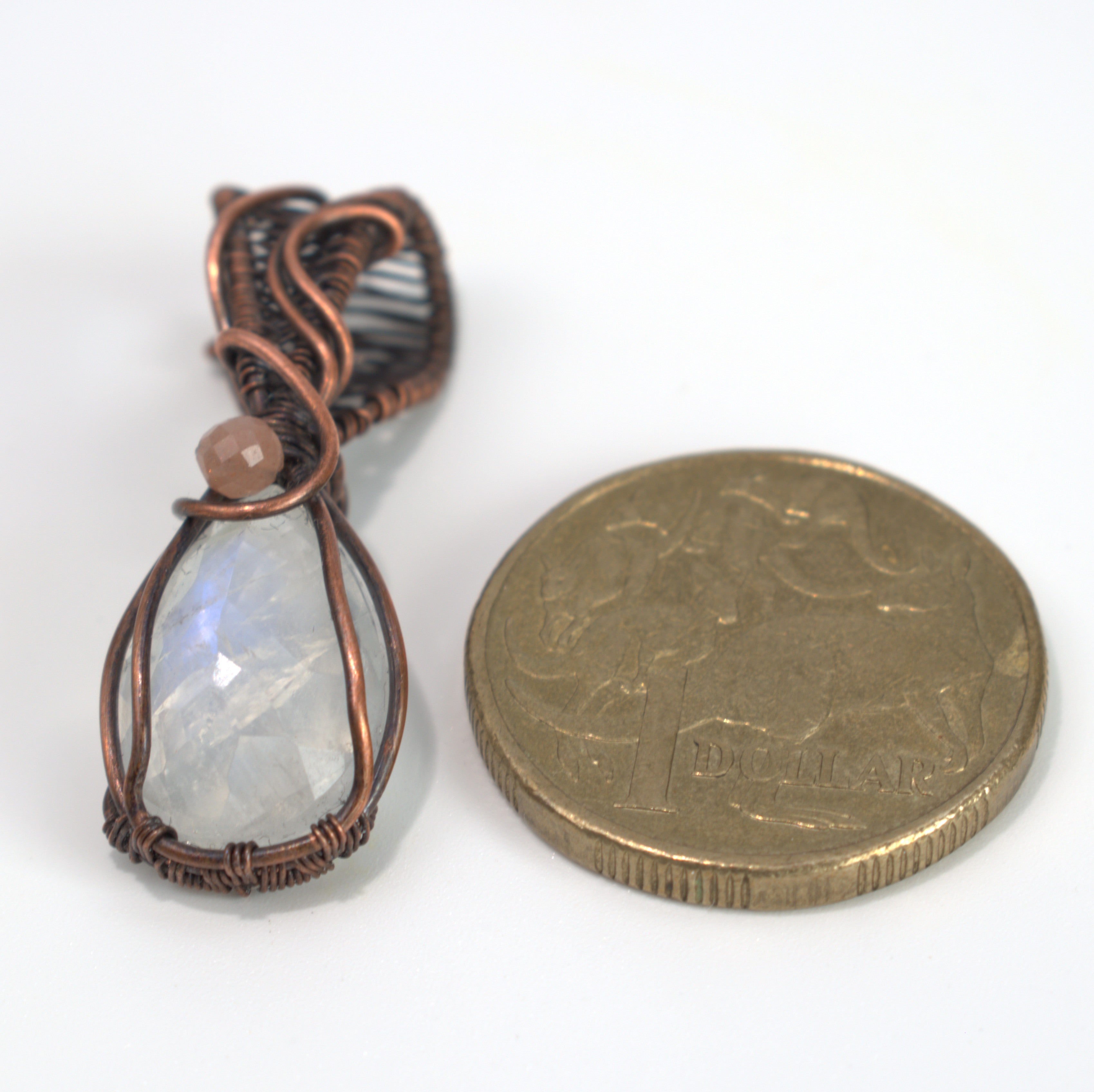 Velvet Moon – Rainbow & Peach Moonstone Copper Pendant