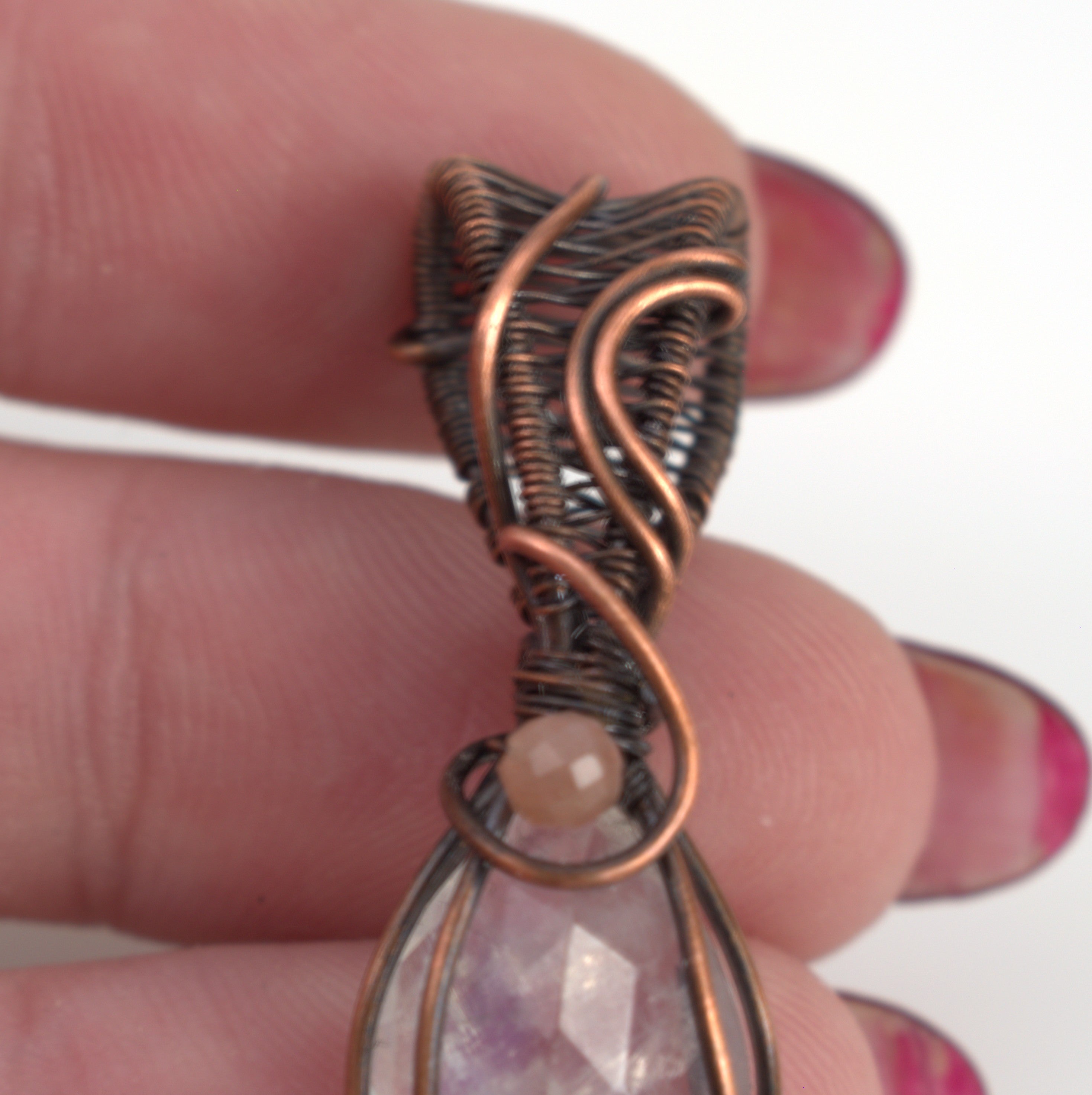 Velvet Moon – Rainbow & Peach Moonstone Copper Pendant