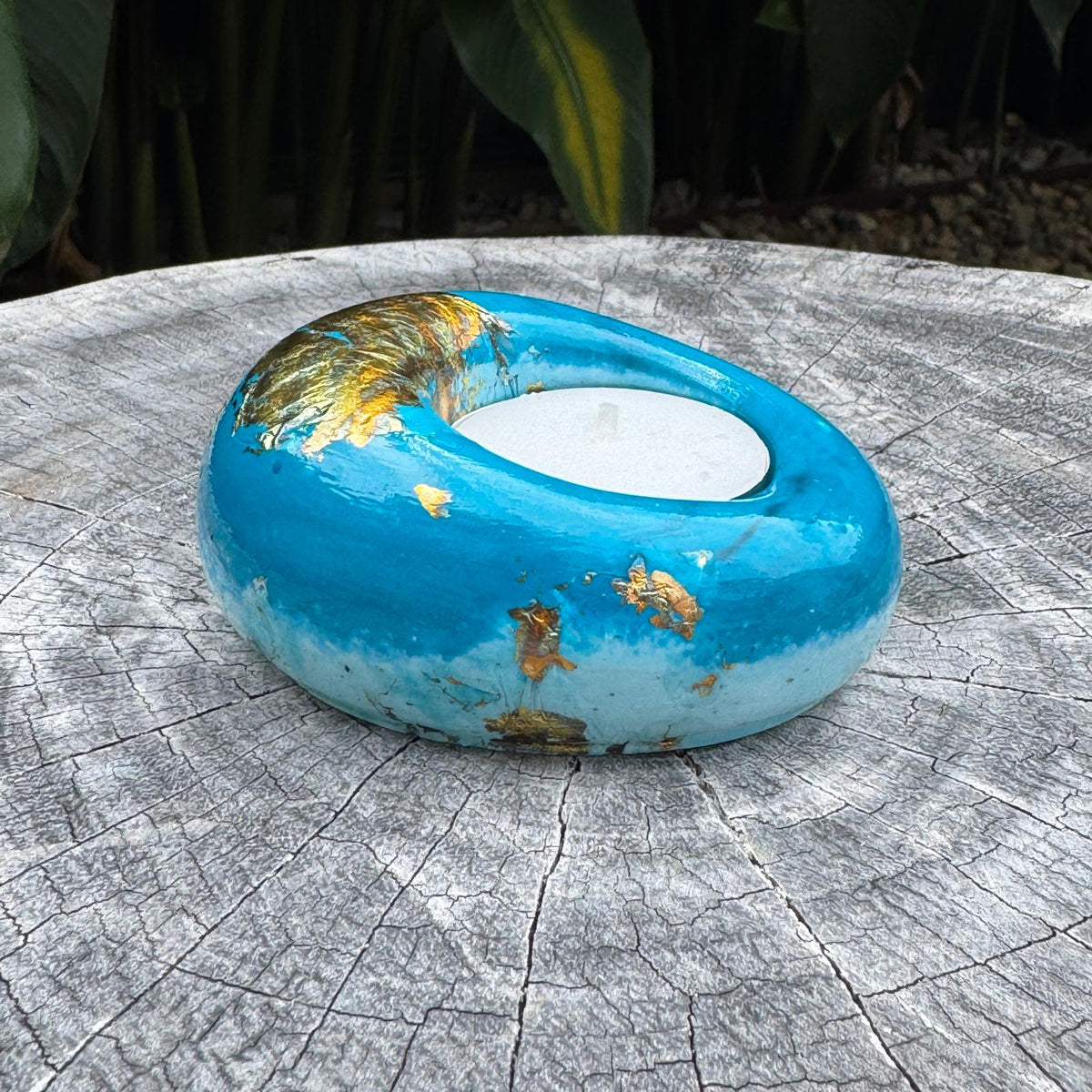 Teal and gold eco-stone pebble shaped tealight candle holder