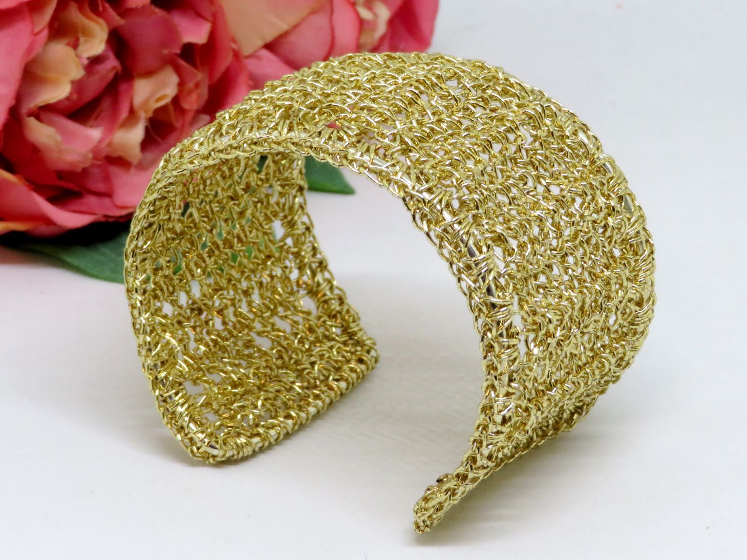 Bespoke Handmade Gold Crochet Shimmer Thread Cuff Bracelet