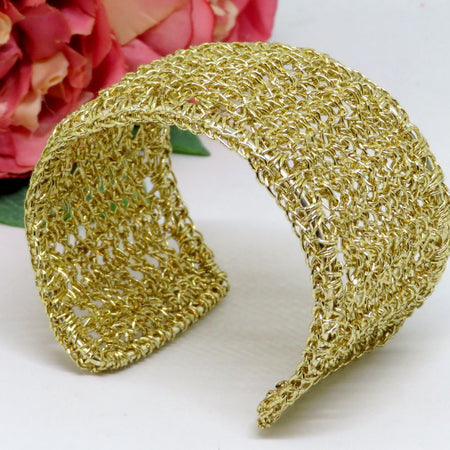 Bespoke Handmade Gold Crochet Shimmer Thread Cuff Bracelet